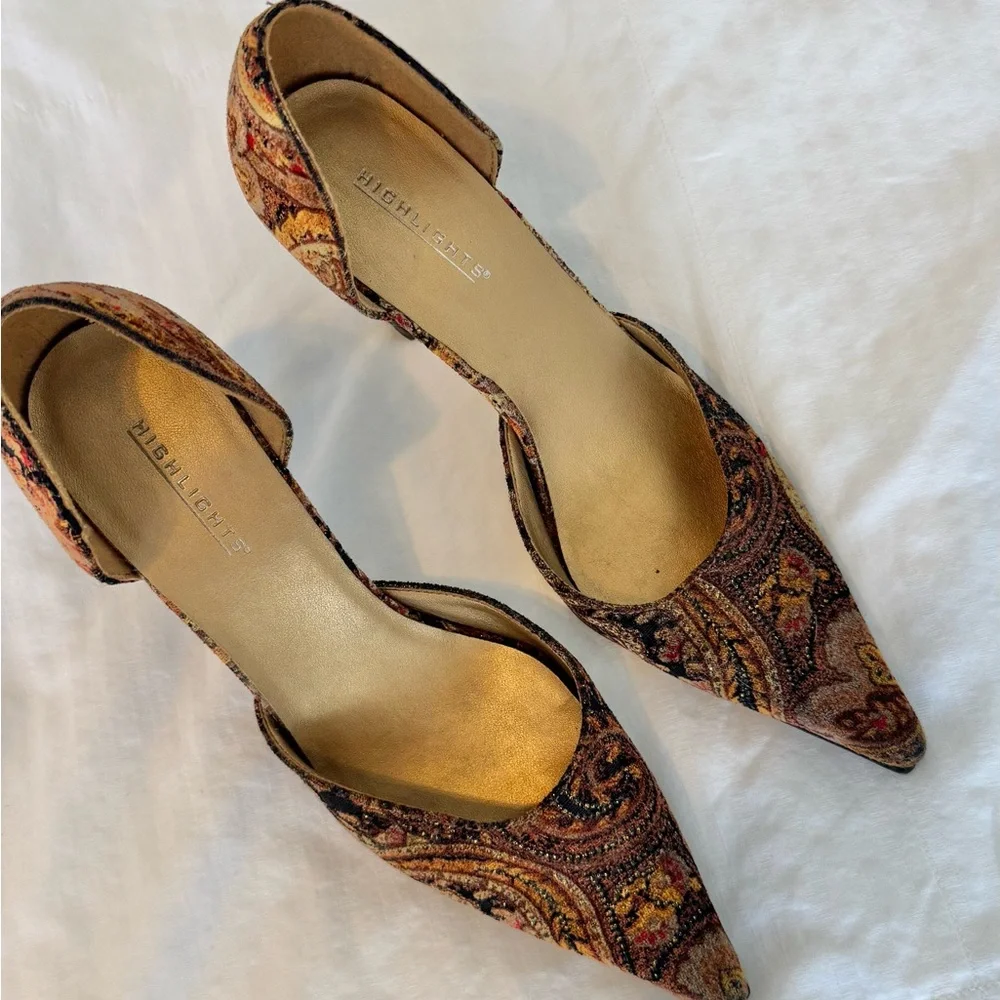 VTG Highlights Velveteen Floral Paisley Heels in Brown Gold and Tan 7.5 - Picture 3 of 6
